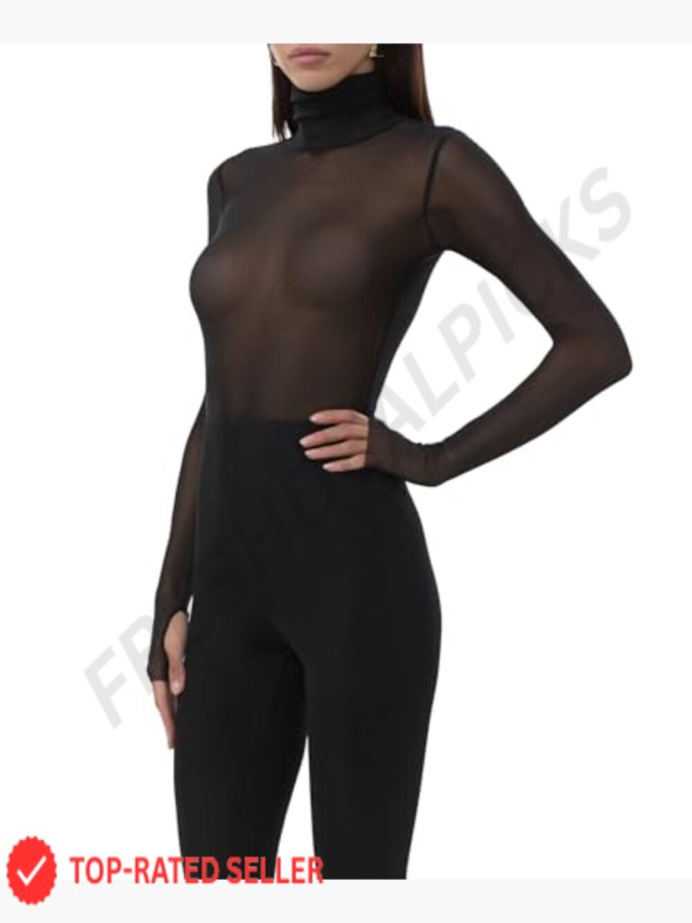 Sheer Mesh Long Sleeve Turtleneck Crop Top Fitted Thumbholes Lightweight - Picture 3 of 6